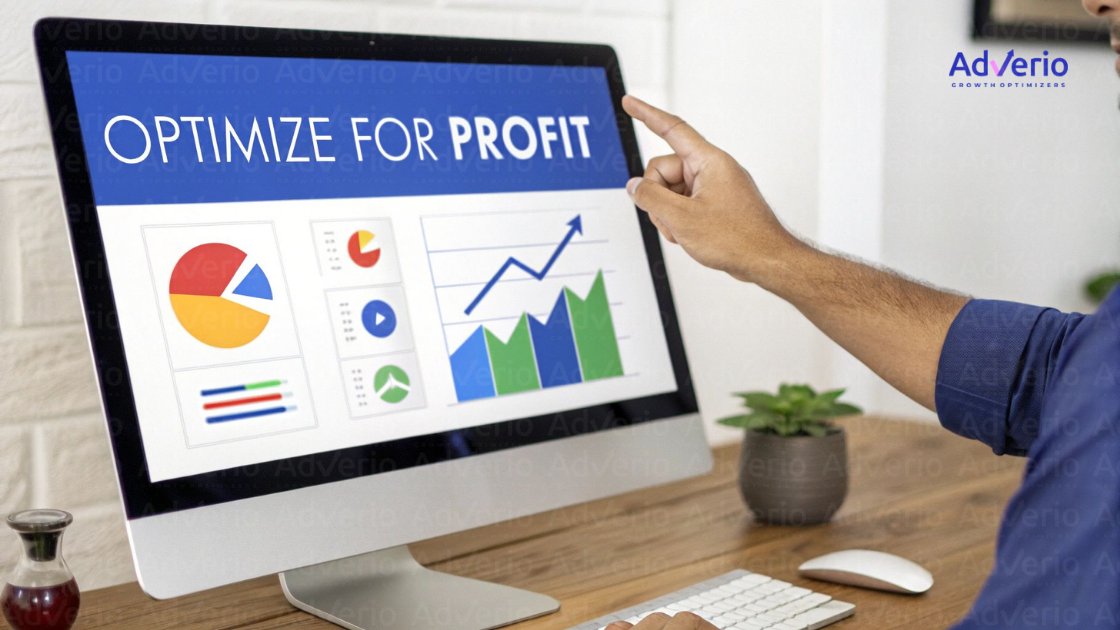 Amazon Retargeting Ads: A Profit-First Playbook to Recapture High-Intent Demand 14 A person's hand points at a computer monitor displaying business growth charts and 'OPTIMIZE FOR PROFIT'.
