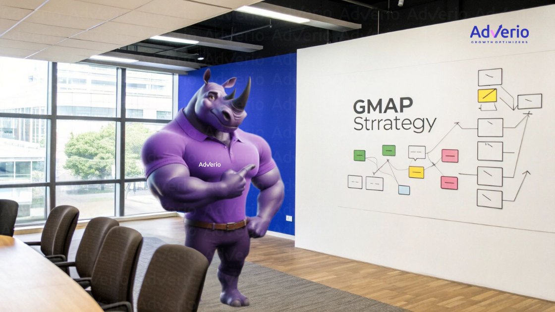 A purple muscular rhinoceros character wearing an AdVerio polo shirt points at a GMAP Strategy diagram in a modern office.