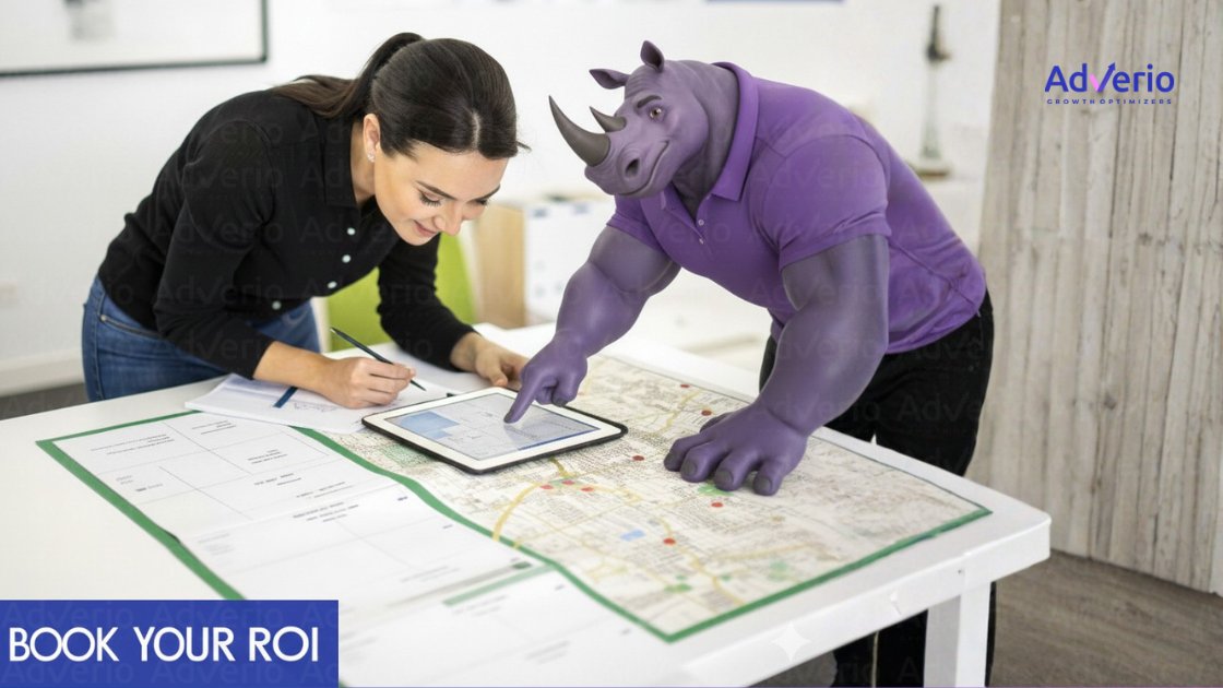 A woman and a purple rhino mascot collaboratively planning strategy using a tablet and a large map.