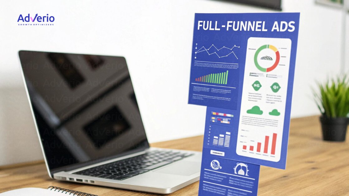A laptop and a 'FULL-FUNNEL ADS' infographic displayed on a wooden desk, showcasing charts and data.