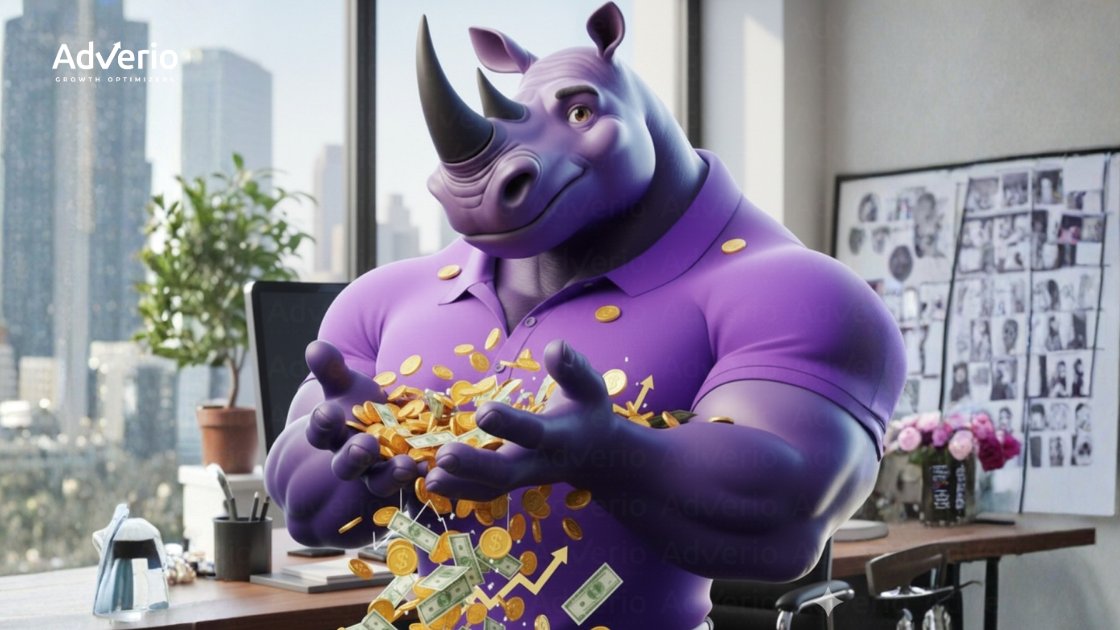 Muscular purple rhinoceros character holds money, representing financial growth and business success in an office.
