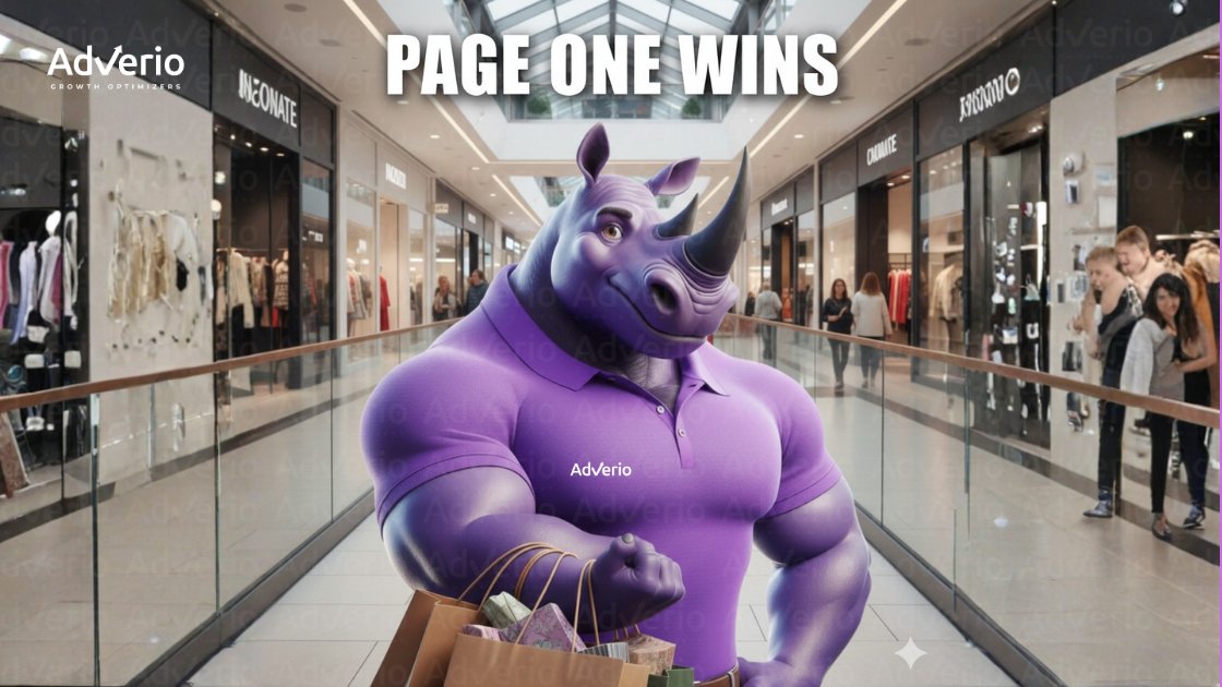 A muscular purple rhinoceros character holding shopping bags in a bustling mall, with 'Page One Wins' text.