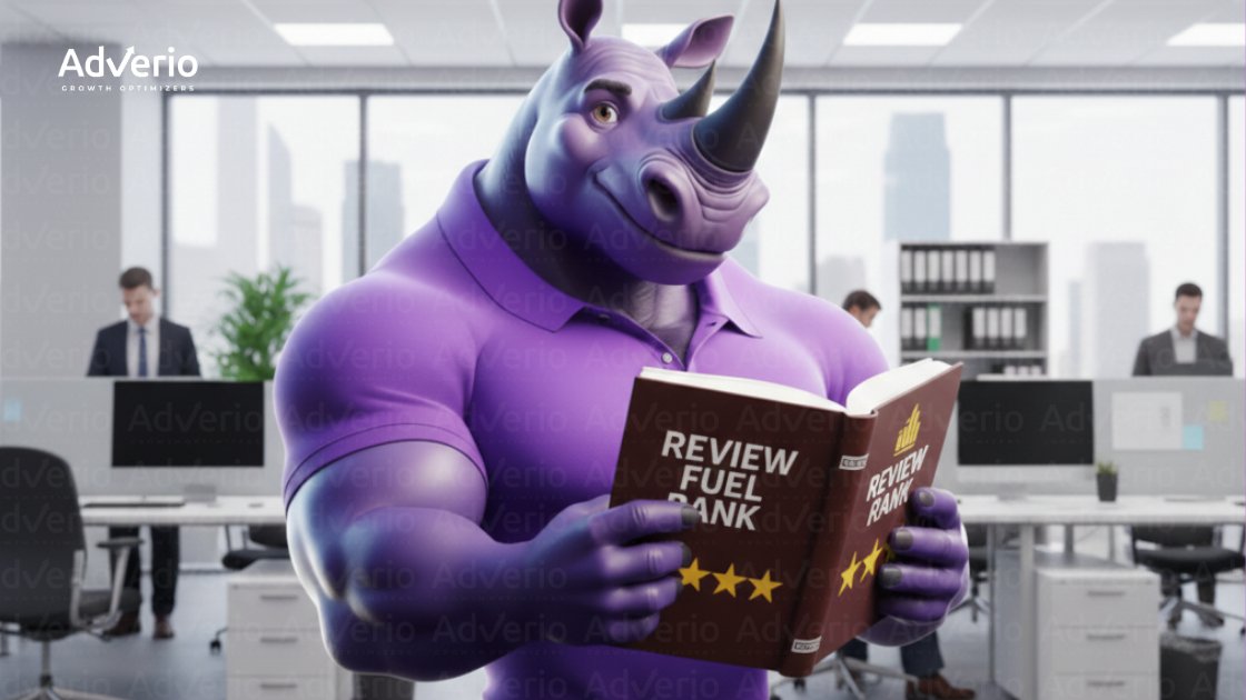 A muscular purple rhino reads a "REVIEW FUEL BANK" book in a modern office with other workers.
