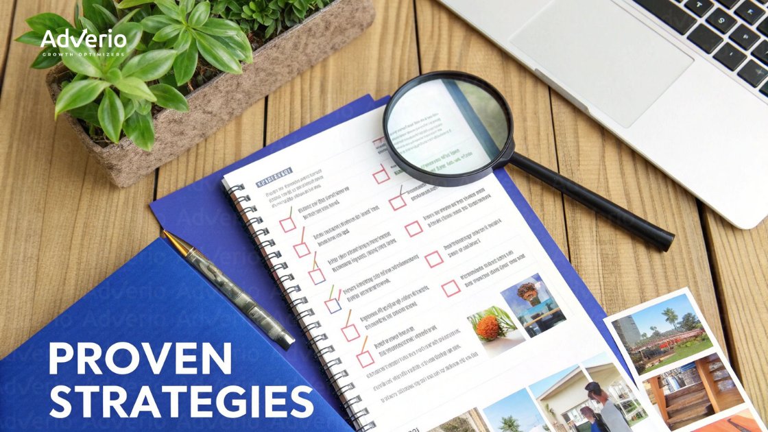 A flat lay of a desk with a notebook displaying 'PROVEN STRATEGIES', a pen, magnifying glass, laptop, and plant.