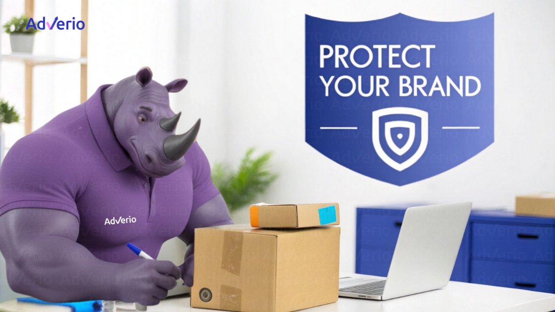 A purple rhino character signs a package at a desk with a laptop and 'PROTECT YOUR BRAND' shield.