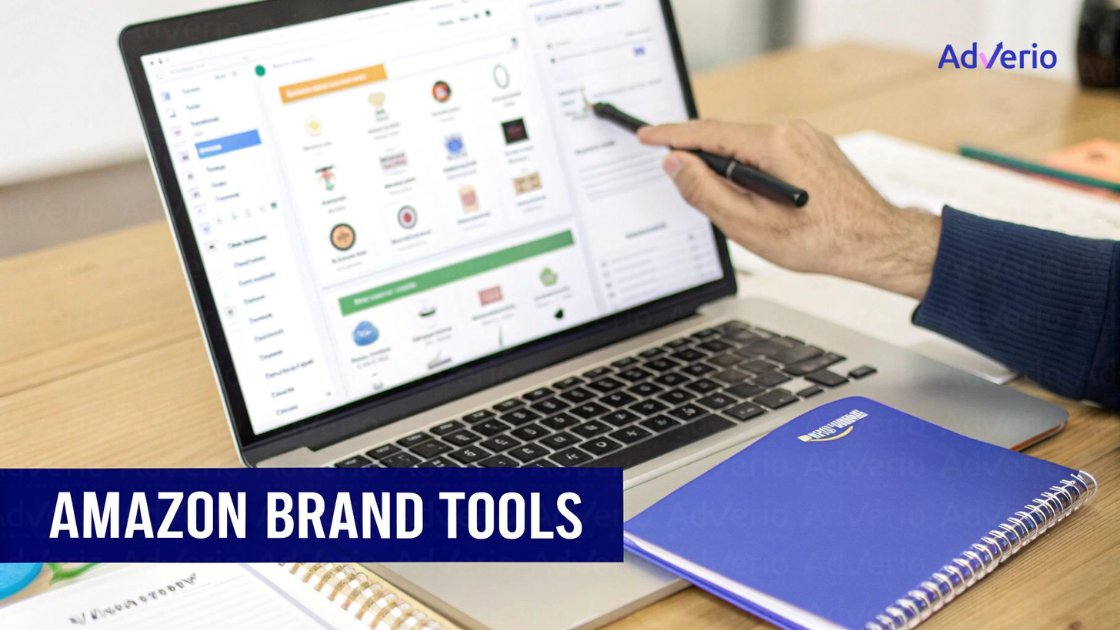 A person's hand points at a laptop screen displaying Amazon Brand Tools on a wooden desk.