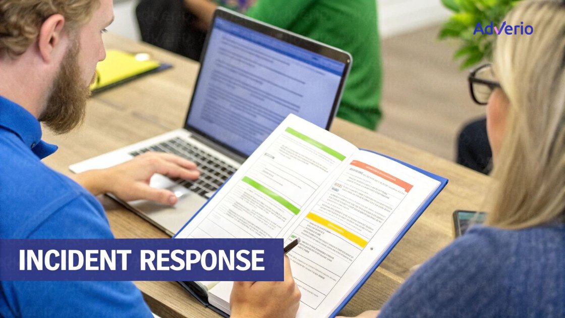 Two people review documents and a laptop at a desk, discussing incident response strategies.