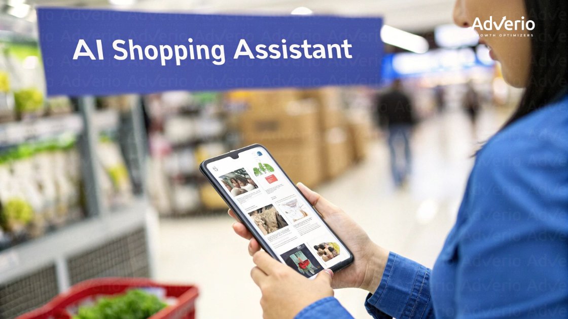 A person in a supermarket uses a smartphone showing product listings, with an "AI Shopping Assistant" banner overhead.