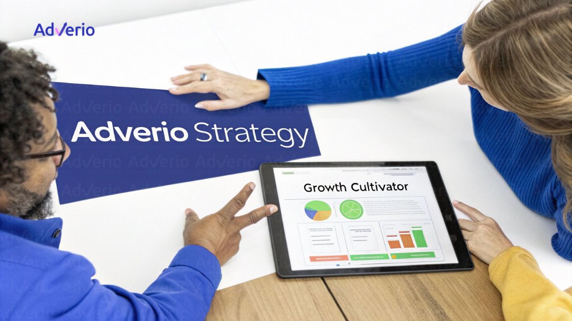 Two professionals review 'Adverio Strategy' on a blue paper and analyze 'Growth Cultivator' on a tablet.