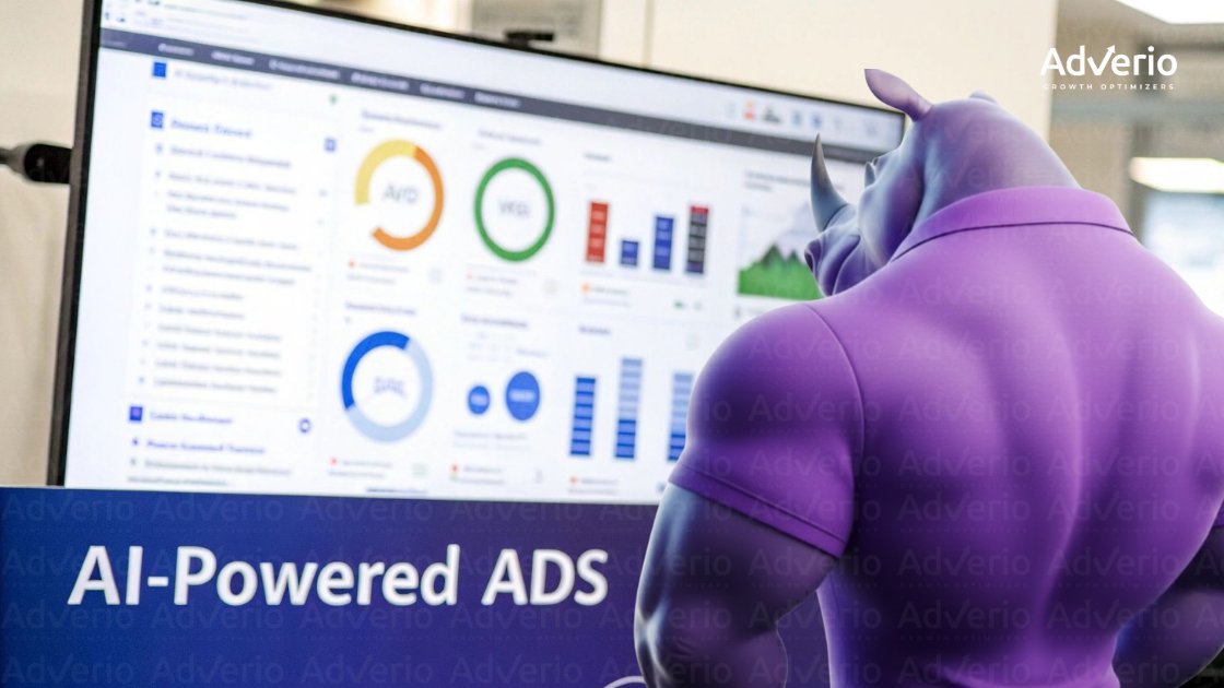 A purple rhino-like character in a polo shirt views a computer screen displaying AI-powered ads data and charts.