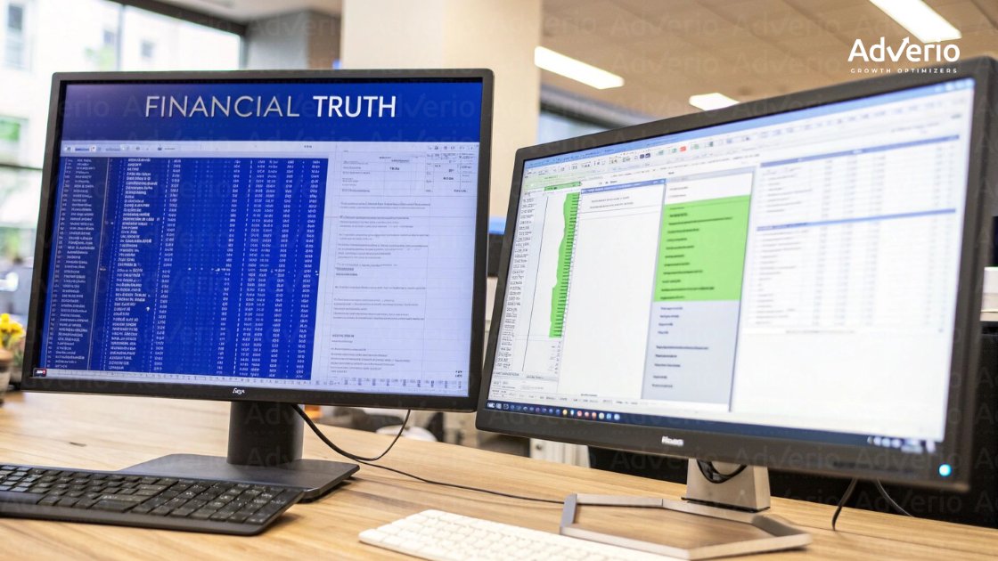 Two computer monitors display financial data and spreadsheets on a wooden desk with keyboards.