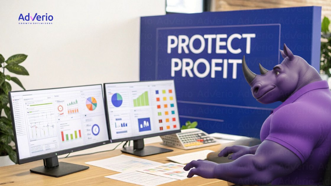 A cartoon purple rhino analyzes business data on multiple computer screens in an office.