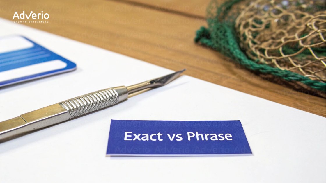 A blue card with 'Exact vs Phrase' text, a metallic tool, and a fishing net on a table.
