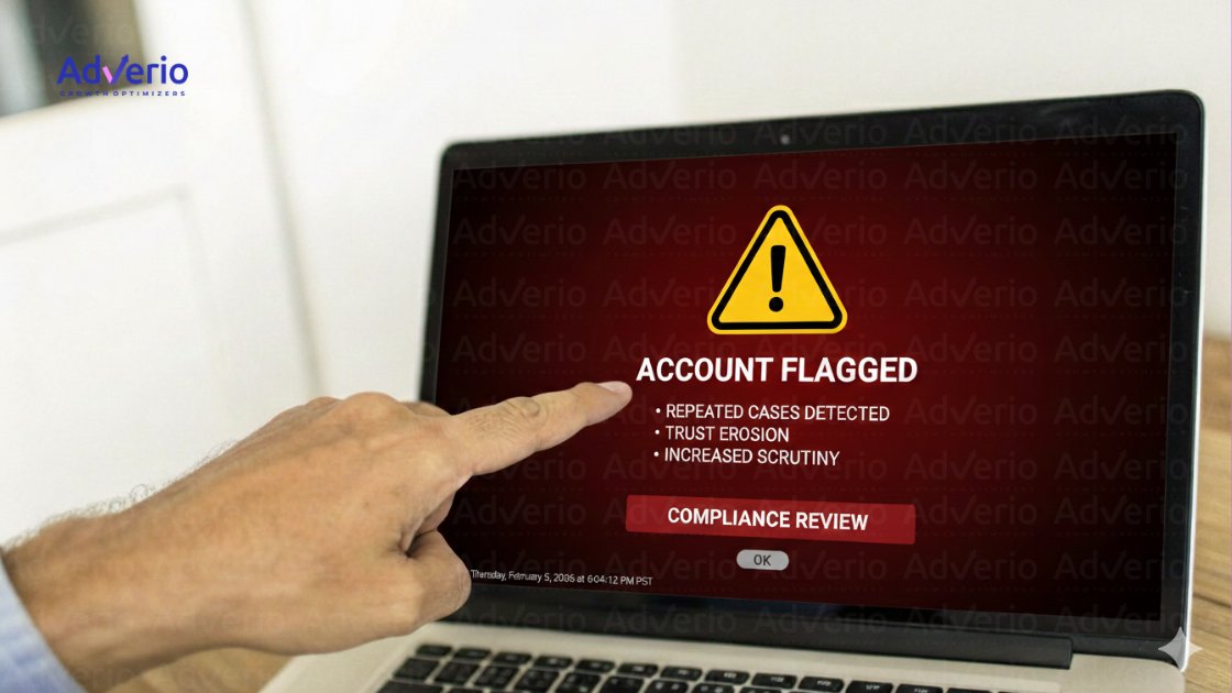 A hand points at a laptop screen displaying an 'ACCOUNT FLAGGED' warning message and reasons.