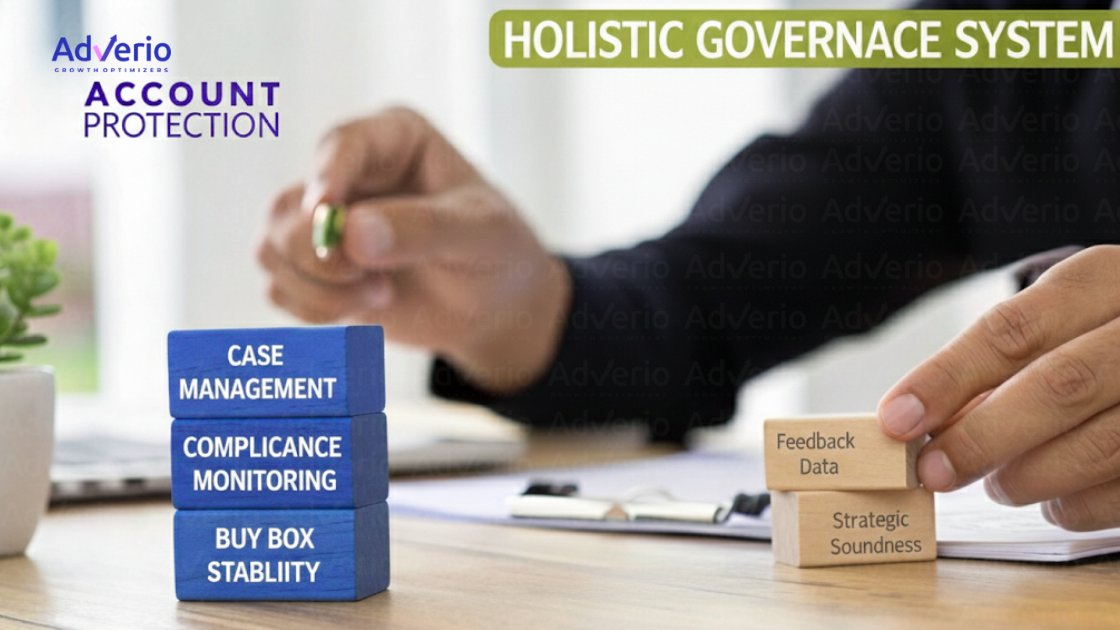 Hands arranging business strategy blocks: Case Management, Compliance Monitoring, Feedback Data, Strategic Soundness.