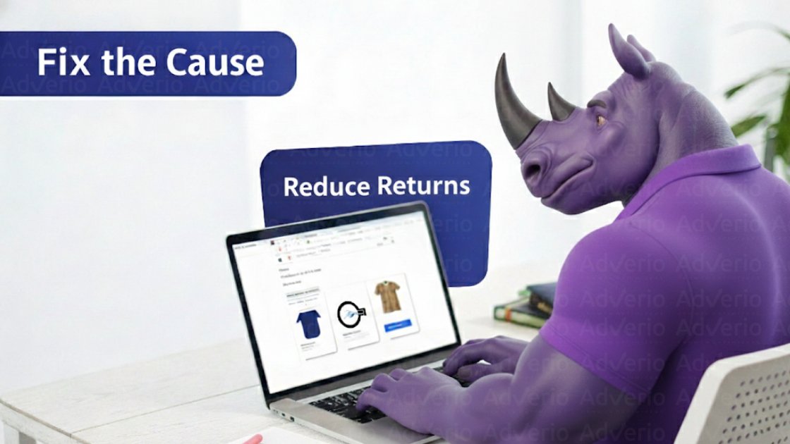 A purple rhino-like character uses a laptop, with text bubbles "Fix the Cause" and "Reduce Returns".