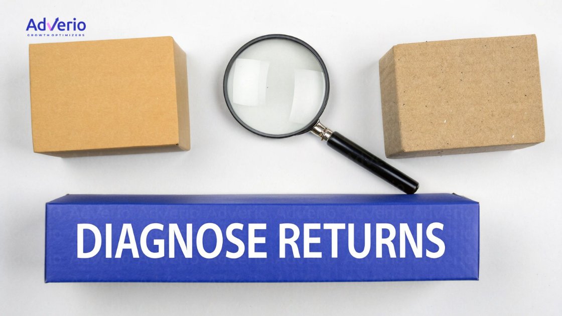 Overhead view of two brown boxes, a magnifying glass, and a blue box with 'DIAGNOSE RETURNS' text.