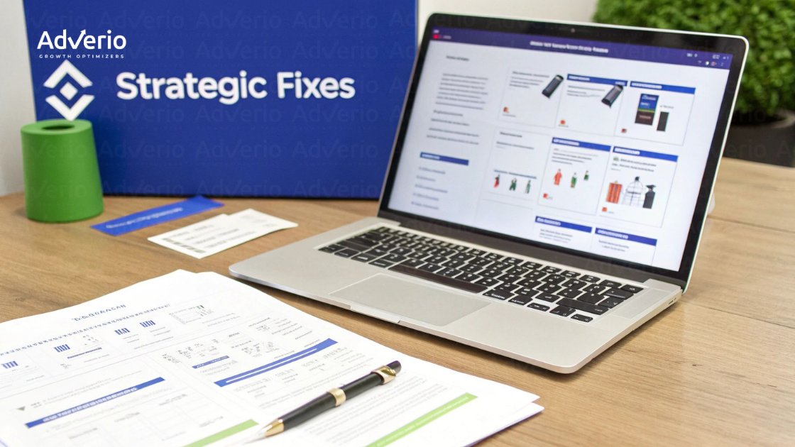 A laptop on a wooden desk displays a business presentation, alongside documents, a pen, and AdVerio branding.