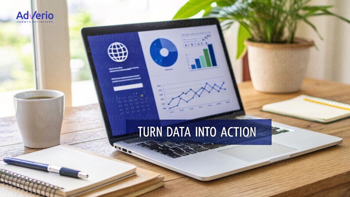 A laptop displaying business intelligence dashboards, with coffee, notebook, and pen on a wooden desk.