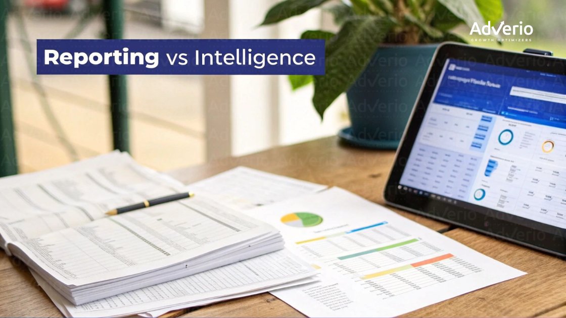 A desk with documents, a pen, a tablet showing charts, and a plant, with 'Reporting vs Intelligence' text.