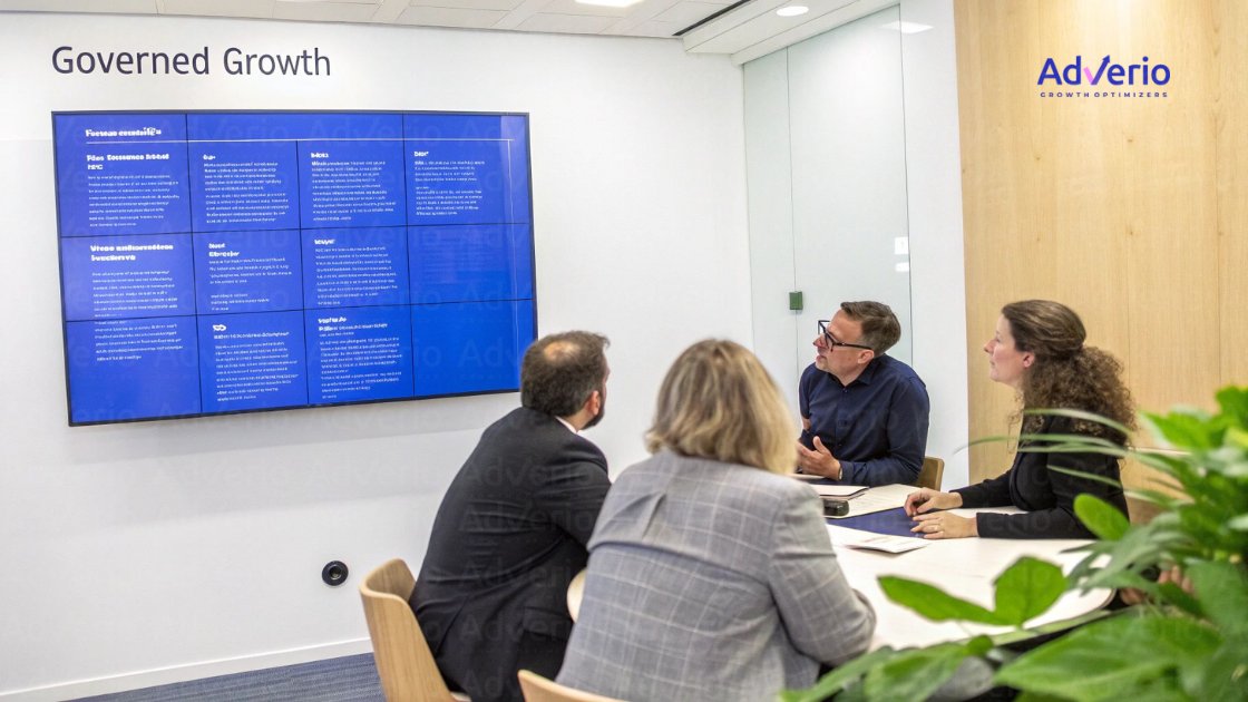 Four people in a modern meeting room, engaged in discussion while viewing a large blue digital display.