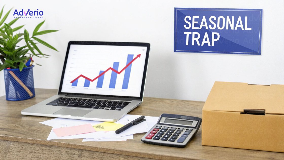 A desk with a laptop displaying a rising graph, a calculator, and a sign 'SEASONAL TRAP'.