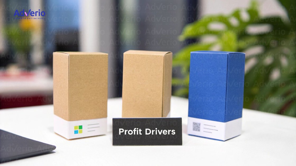 Three boxes (two brown, one blue) are displayed on a white surface with a 'Profit Drivers' sign.