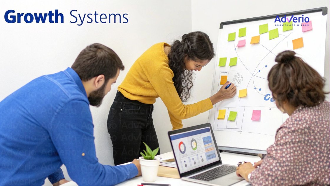 Walmart Advertising: The Complete Connect Guide for Amazon Sellers 11 Three people collaborating in an office. A woman writes on a whiteboard with sticky notes, while others use a laptop.