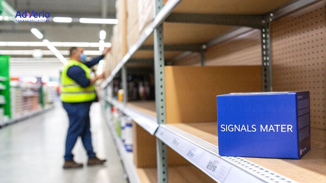 A worker in a yellow vest and mask sorts items on shelves in a warehouse, near a blue box with "SIGNALS MATER".