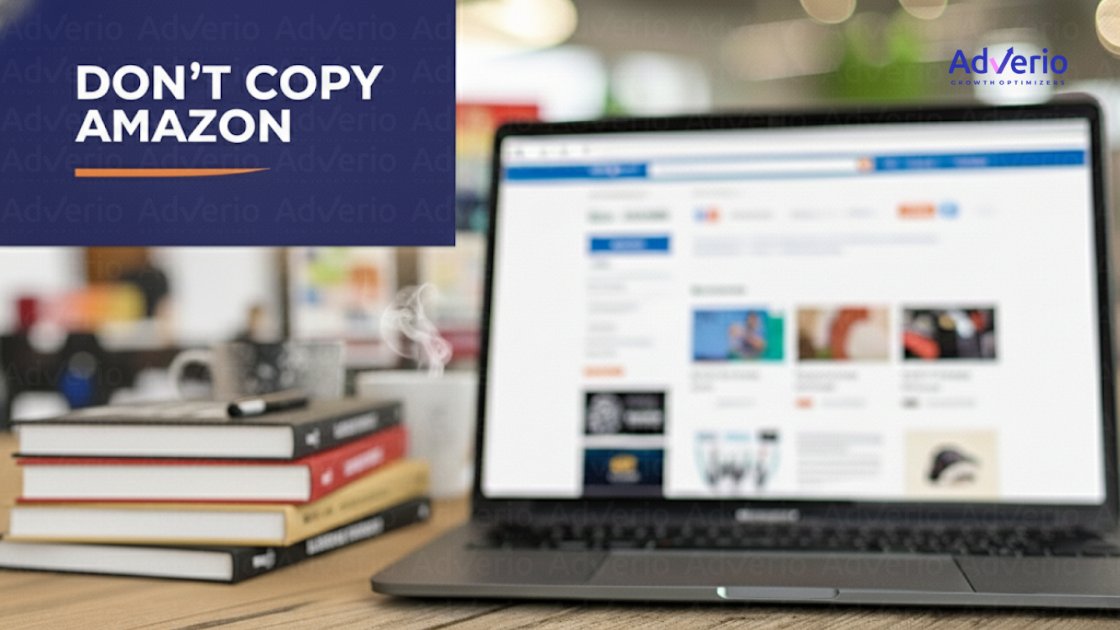 A laptop on a desk next to books, displaying 'DON'T COPY AMAZON' text on a blue background.
