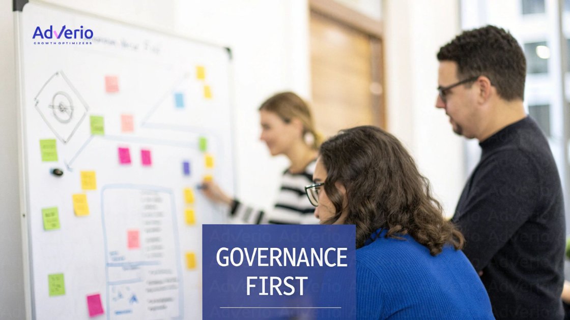 Three colleagues collaborate on a whiteboard covered with colorful sticky notes during a brainstorming session.