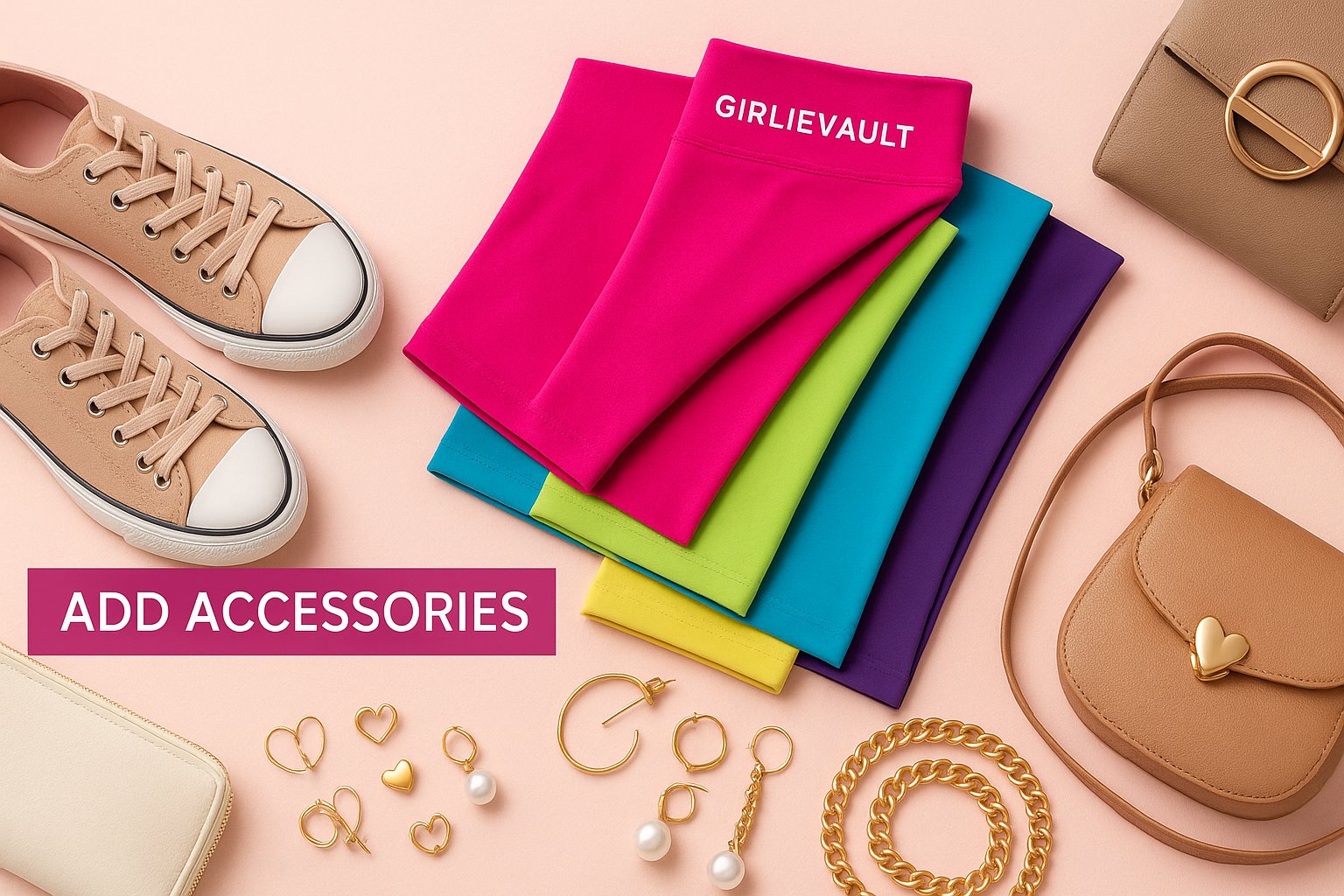 A vibrant flat lay featuring colorful leggings, sneakers, diverse gold jewelry, and stylish bags on a pink surface.