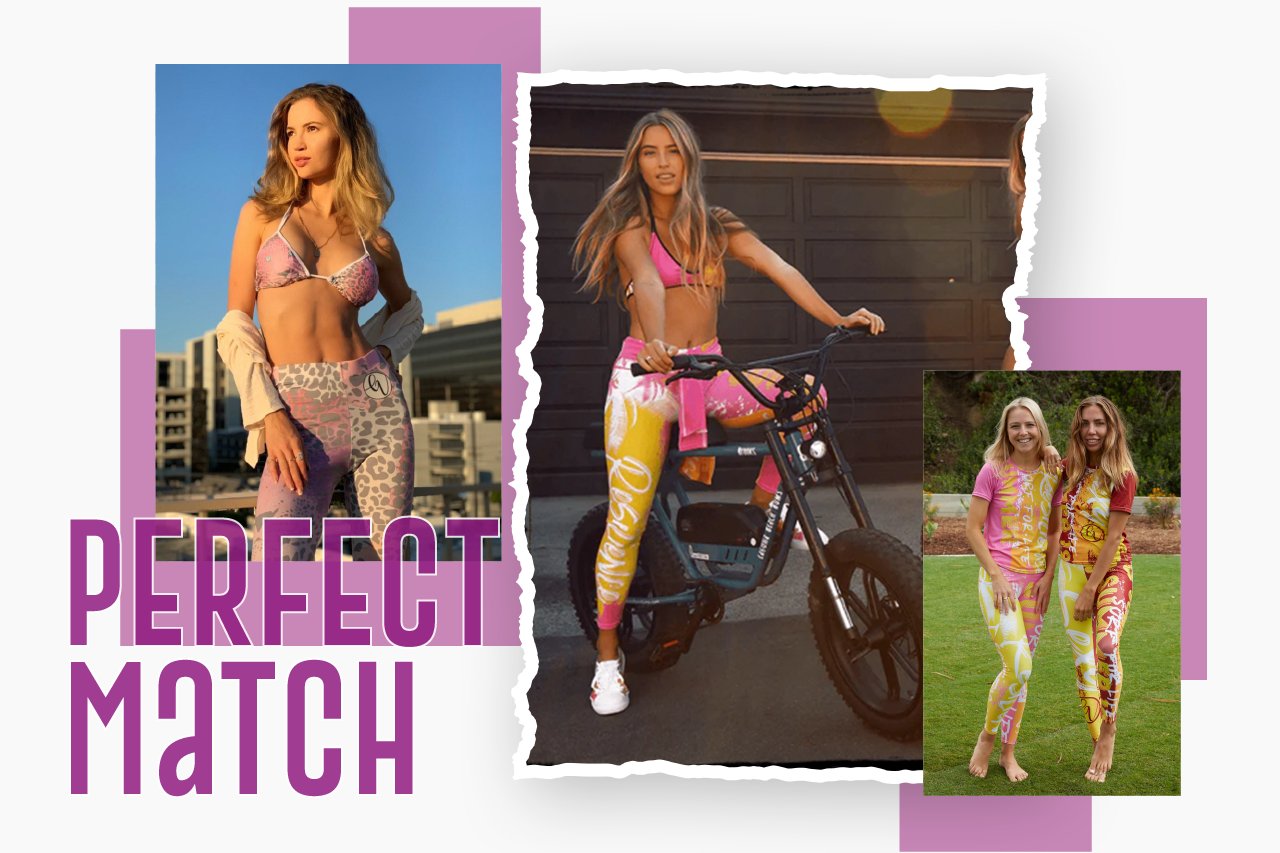 Multiple women showcasing colorful athleisure wear, including patterned leggings and sports tops, in various settings.