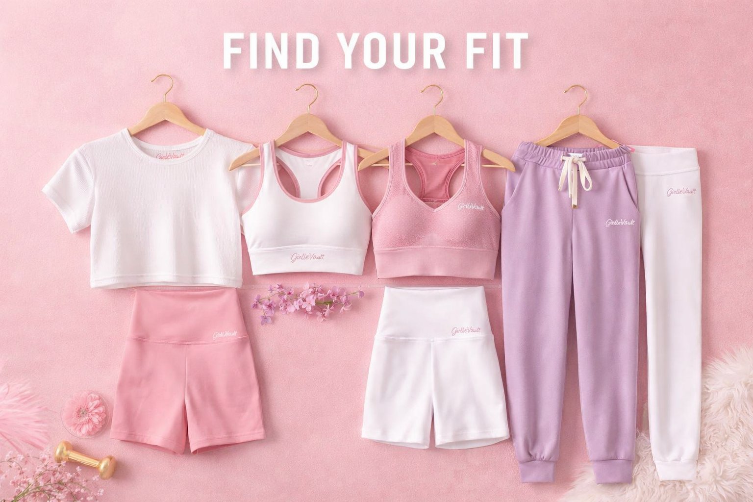 Various women's activewear in pink, white, and purple, displayed on hangers with 'FIND YOUR FIT' text.