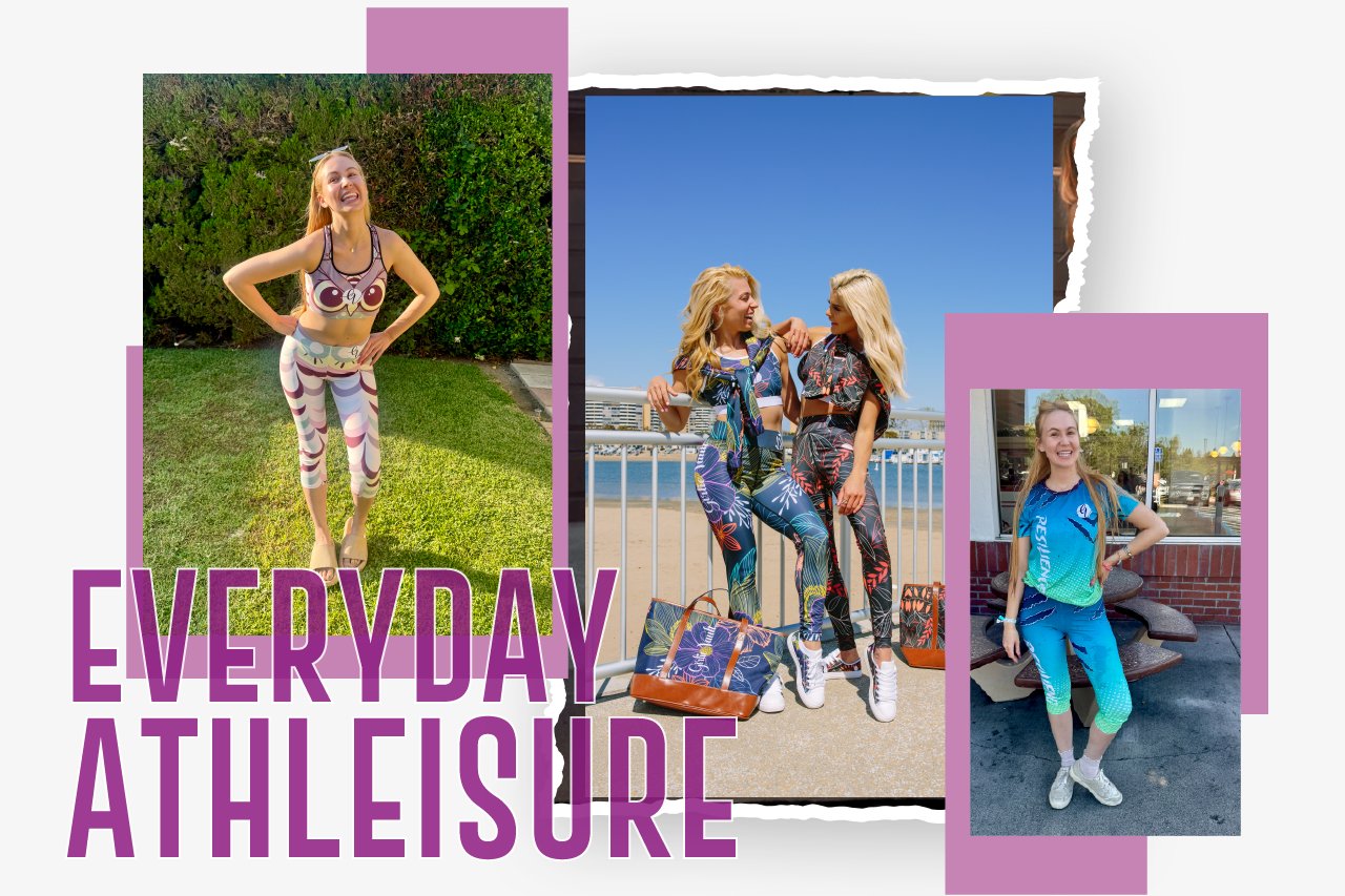 Collage of diverse women in colorful athleisure outfits, smiling and posing in various outdoor settings.
