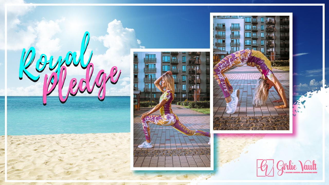 A woman in vibrant activewear poses and stretches, with a tropical beach and 'Royal Pledge' branding.