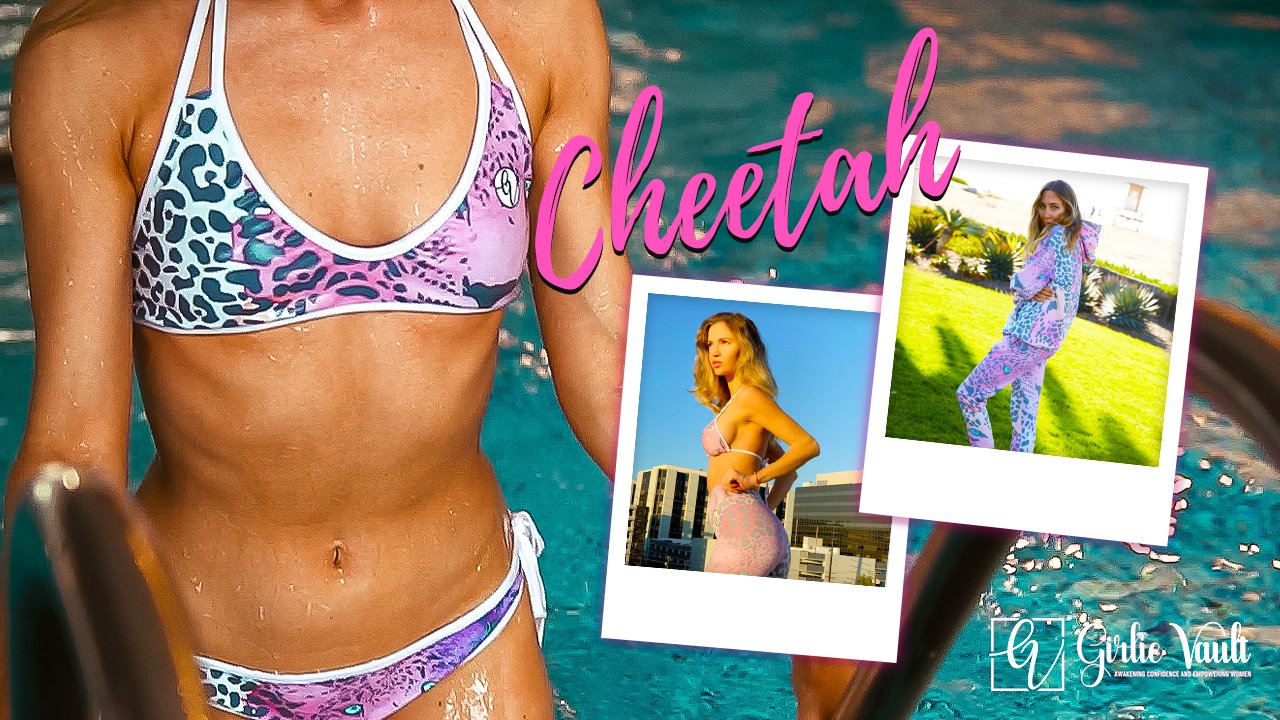 Woman in pink and blue cheetah print bikini in a pool, promoting activewear and swimwear.