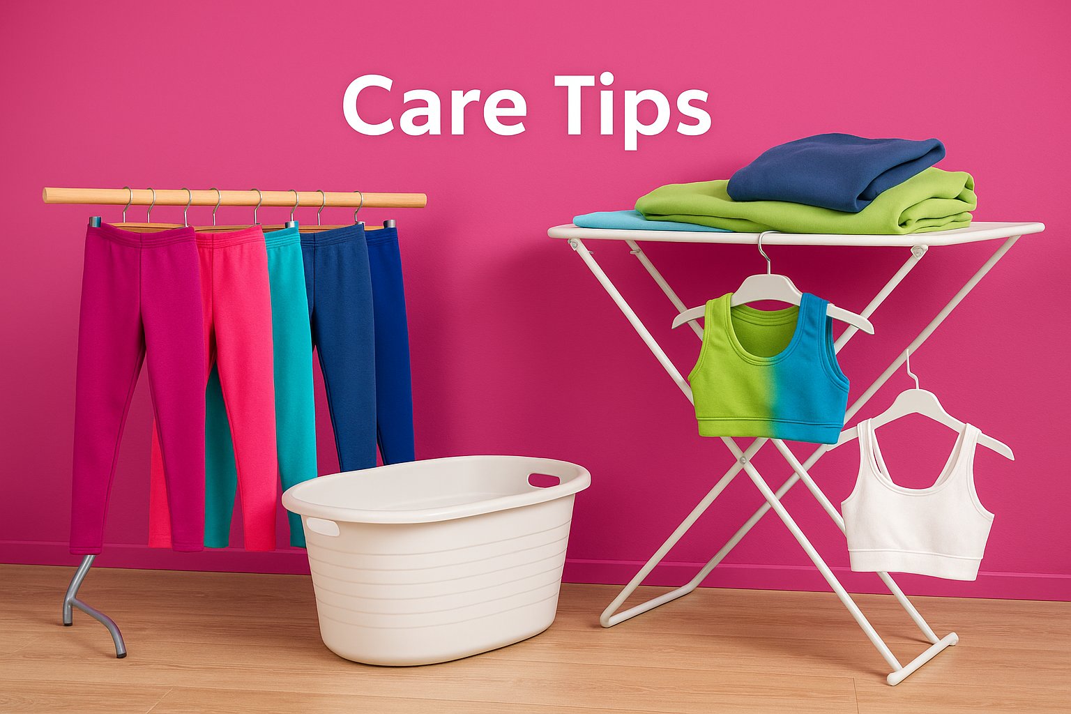 Colorful sportswear, including leggings and sports bras, on drying racks with a laundry basket.