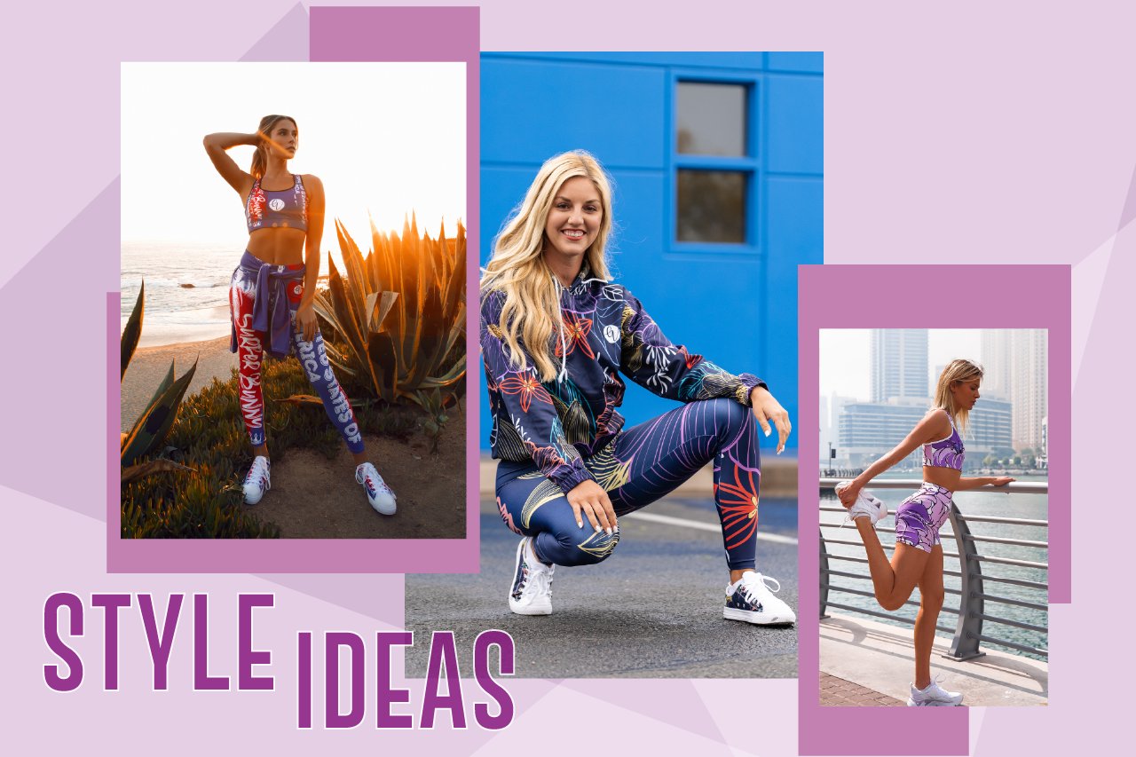 Collage of three women modeling colorful activewear sets in diverse outdoor environments.