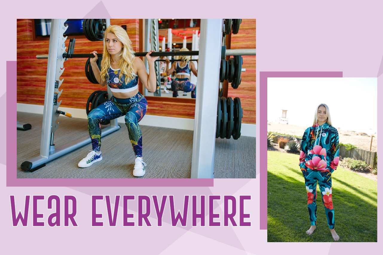 A woman models patterned activewear in a gym and outdoors, demonstrating its versatility for different occasions.