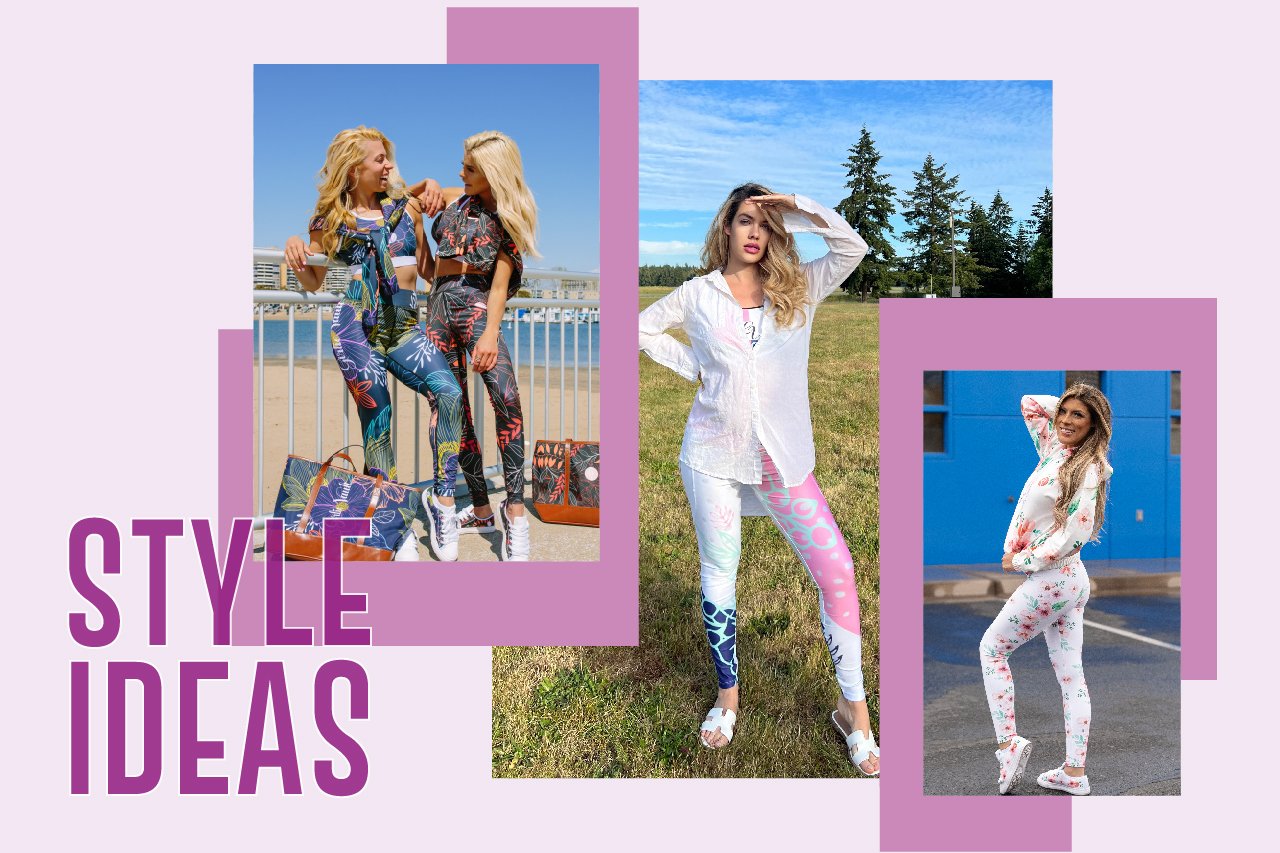 A collage of three women showcasing different patterned yoga pants and activewear styles.
