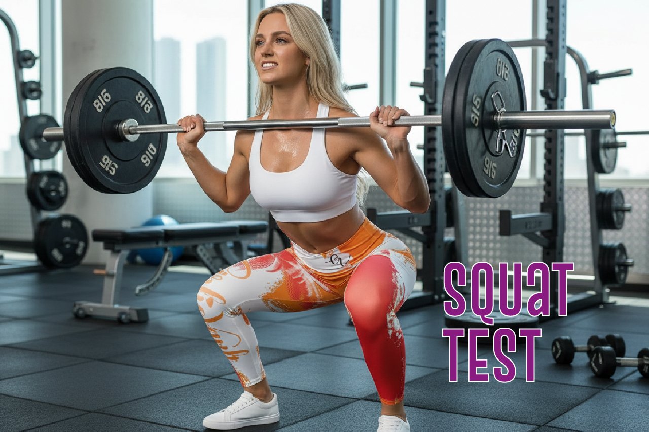 A blonde woman in a gym performs a barbell squat, wearing a white sports bra and colorful leggings.