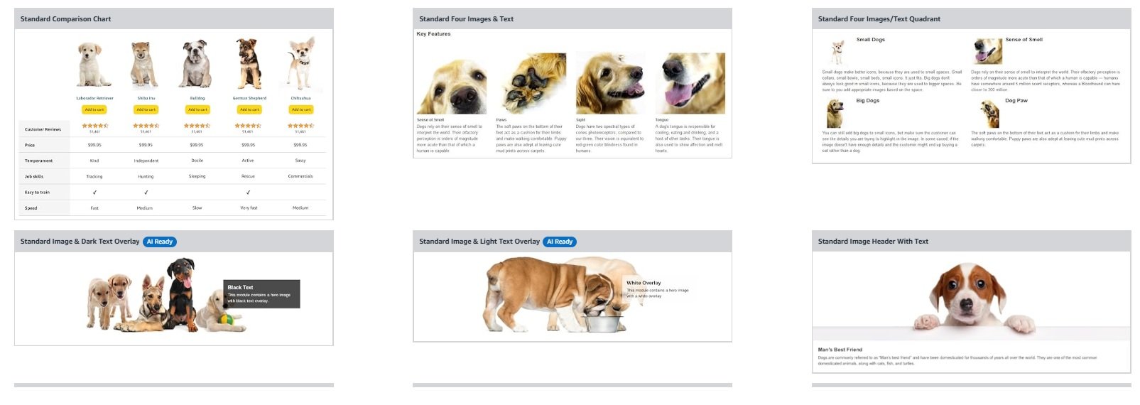 Six different Amazon enhanced brand content layout templates showcasing dog product comparison charts and image formats