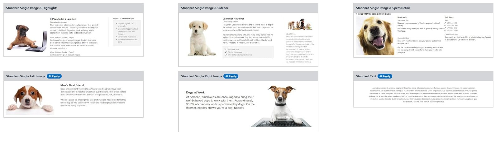 Amazon enhanced brand content templates showcasing various dog-themed product layouts with images and text