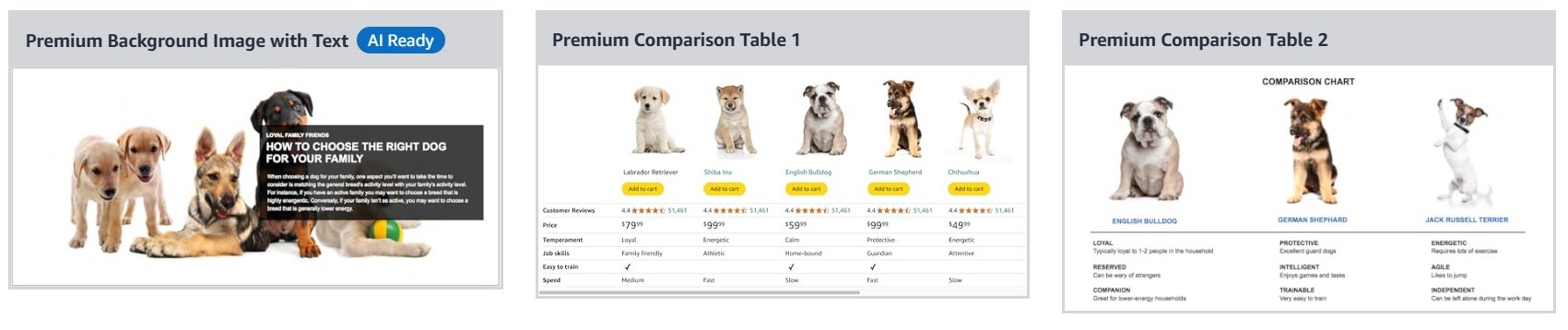 Three examples of Amazon Enhanced Brand Content featuring dog product comparison tables and lifestyle images