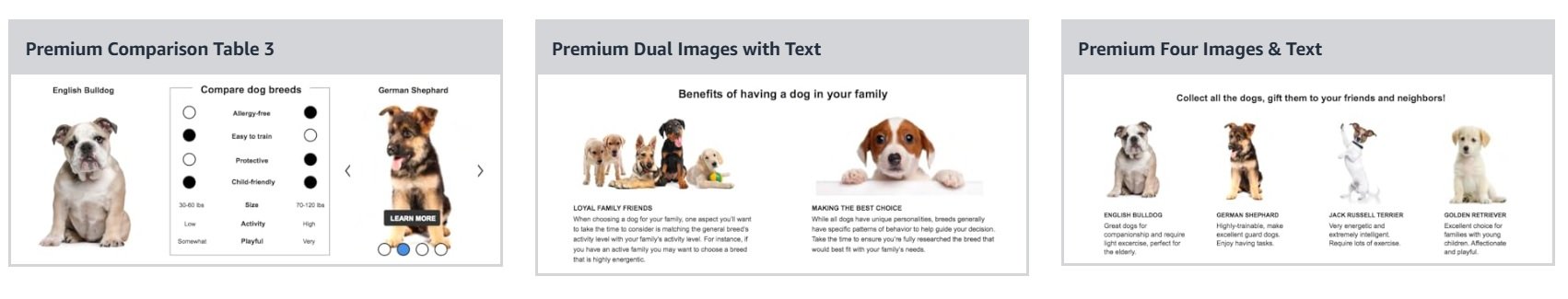 Three premium Amazon enhanced brand content templates featuring dog breeds comparison and information layouts
