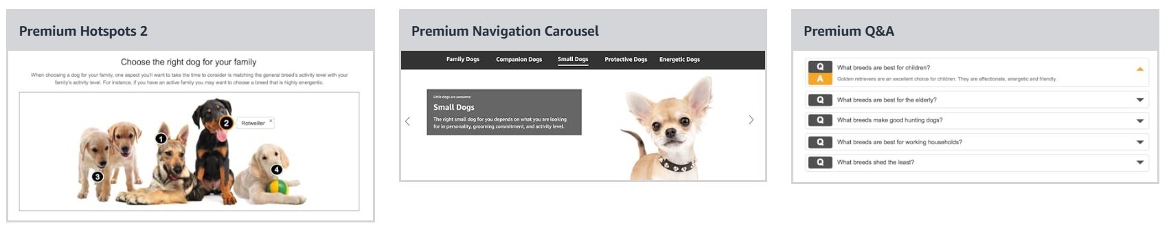 Three premium Amazon brand content modules showing dog breed navigation, hotspots, and Q&A accordion