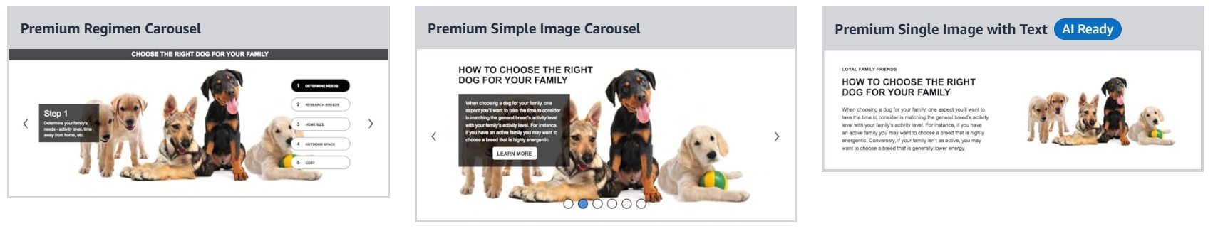 Three premium carousel layouts showing dog family selection guide with different design options