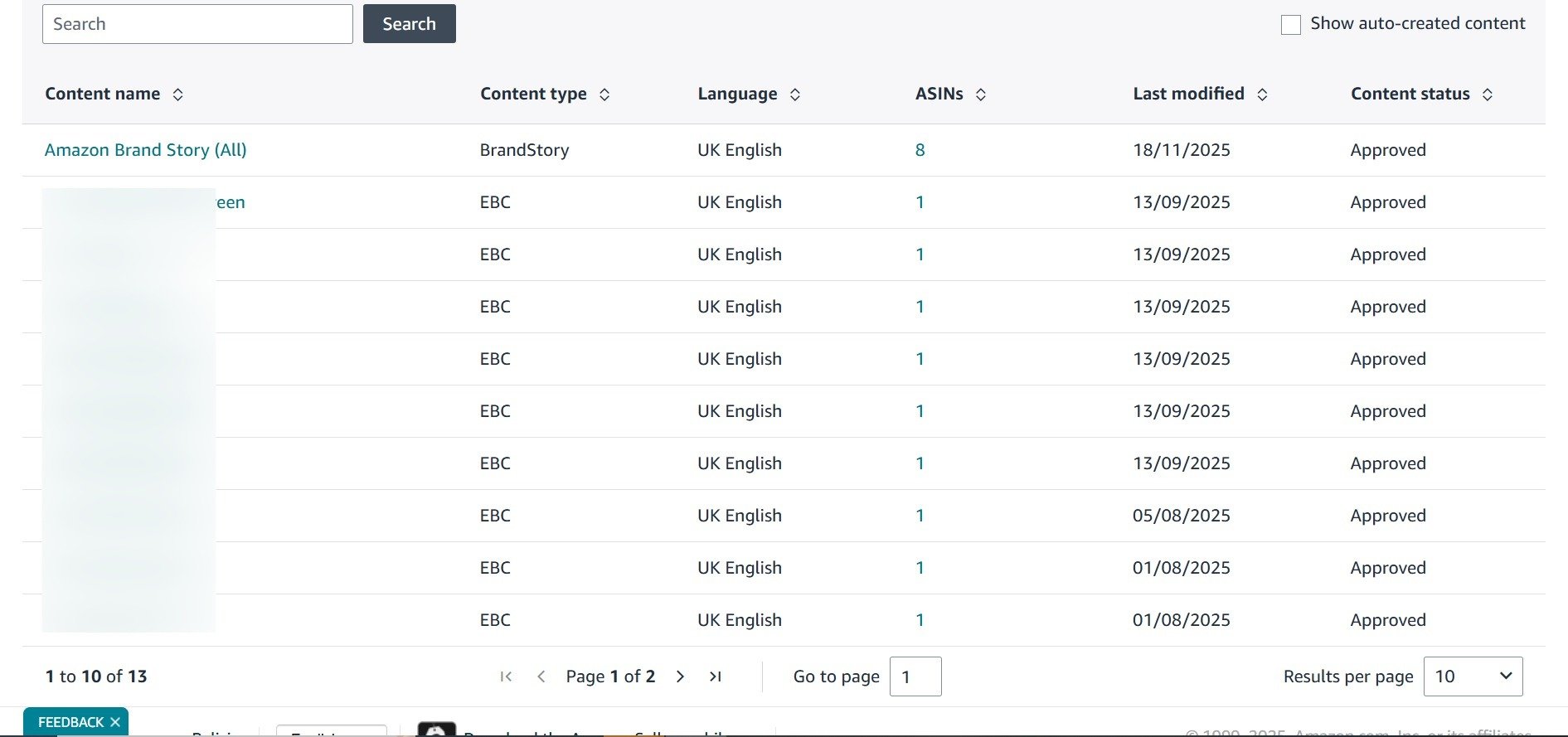 Content management table displaying Amazon Brand Story and EBC entries with approval status