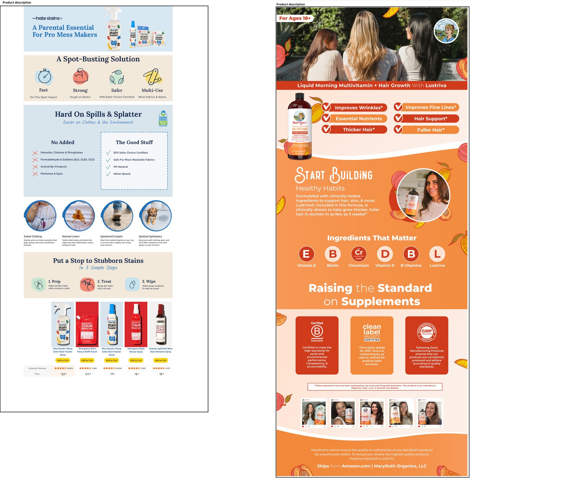 Two product listings showing cleaning solution and vitamin supplement with benefits and features